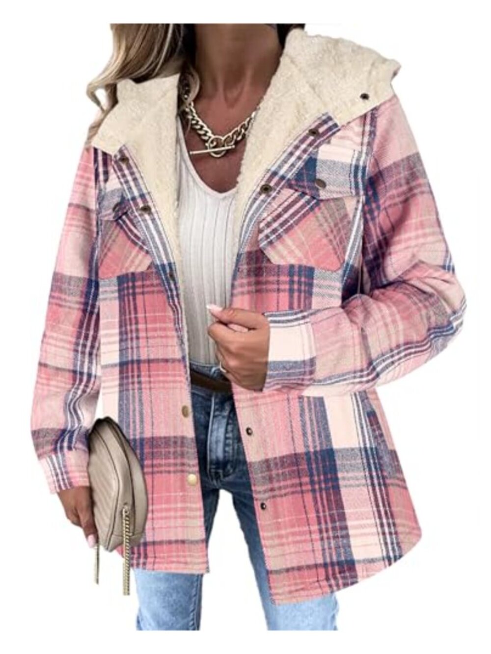 Sherpa Lined Plaid Shacket Hooded Button Front Oversized Shacket